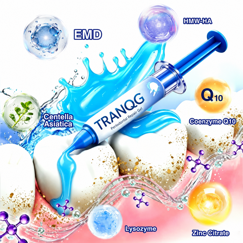 TRANQG GumRevive formula ingredients including EMD, HMW hyaluronic acid, Coenzyme Q10, Centella Asiatica, Lysozyme and Zinc Citrate